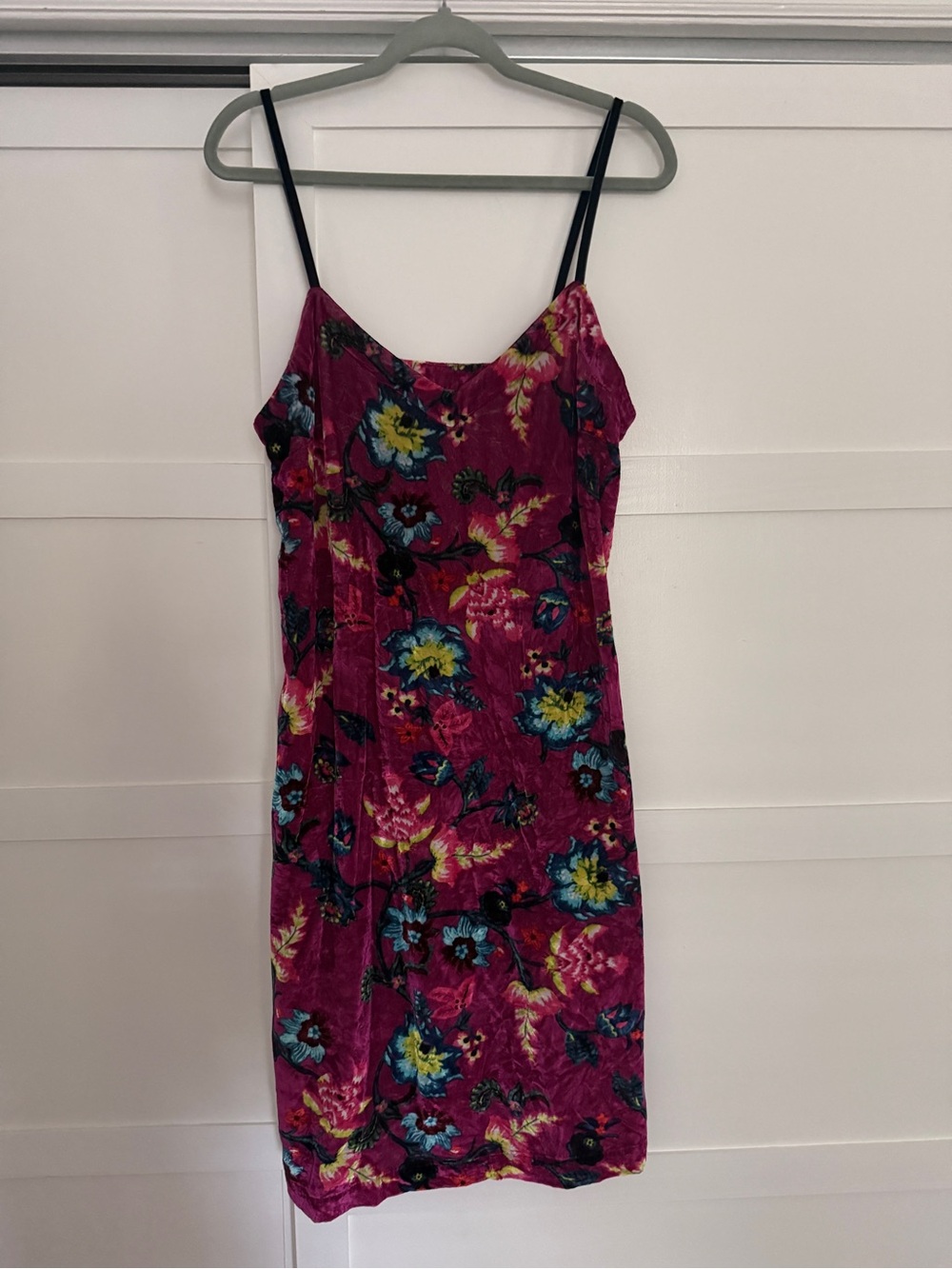 Anthropologie Magenta Floral Velvet Slip Dress with Blue & Yellow Flowers